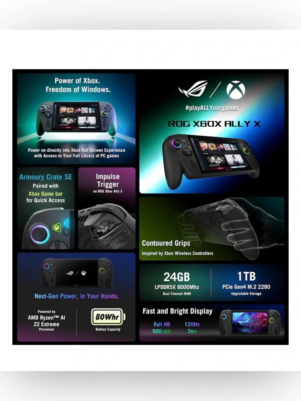 ROG Xbox Ally 7” FHD 120Hz Handheld Gaming Console,ASUS ROG 7-in-1 Dock Charger